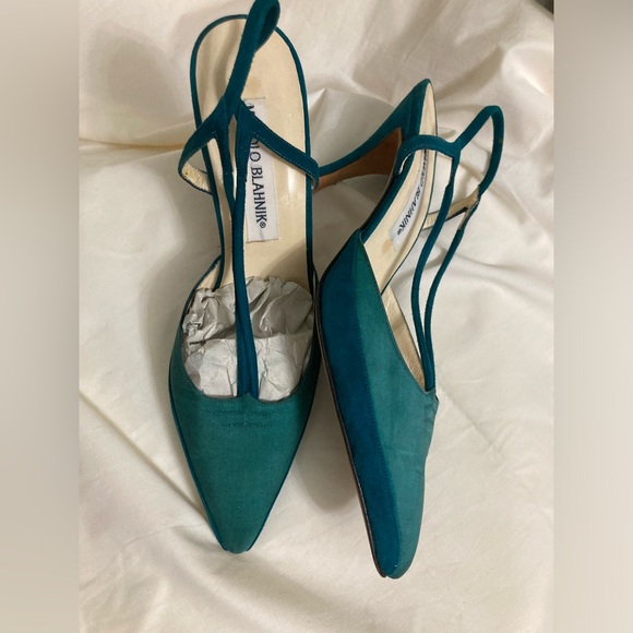 MANOLO BLAHNIK EUC Leather & Silk Slingbacks 6.5 Turquoise - Picture 3 of 6